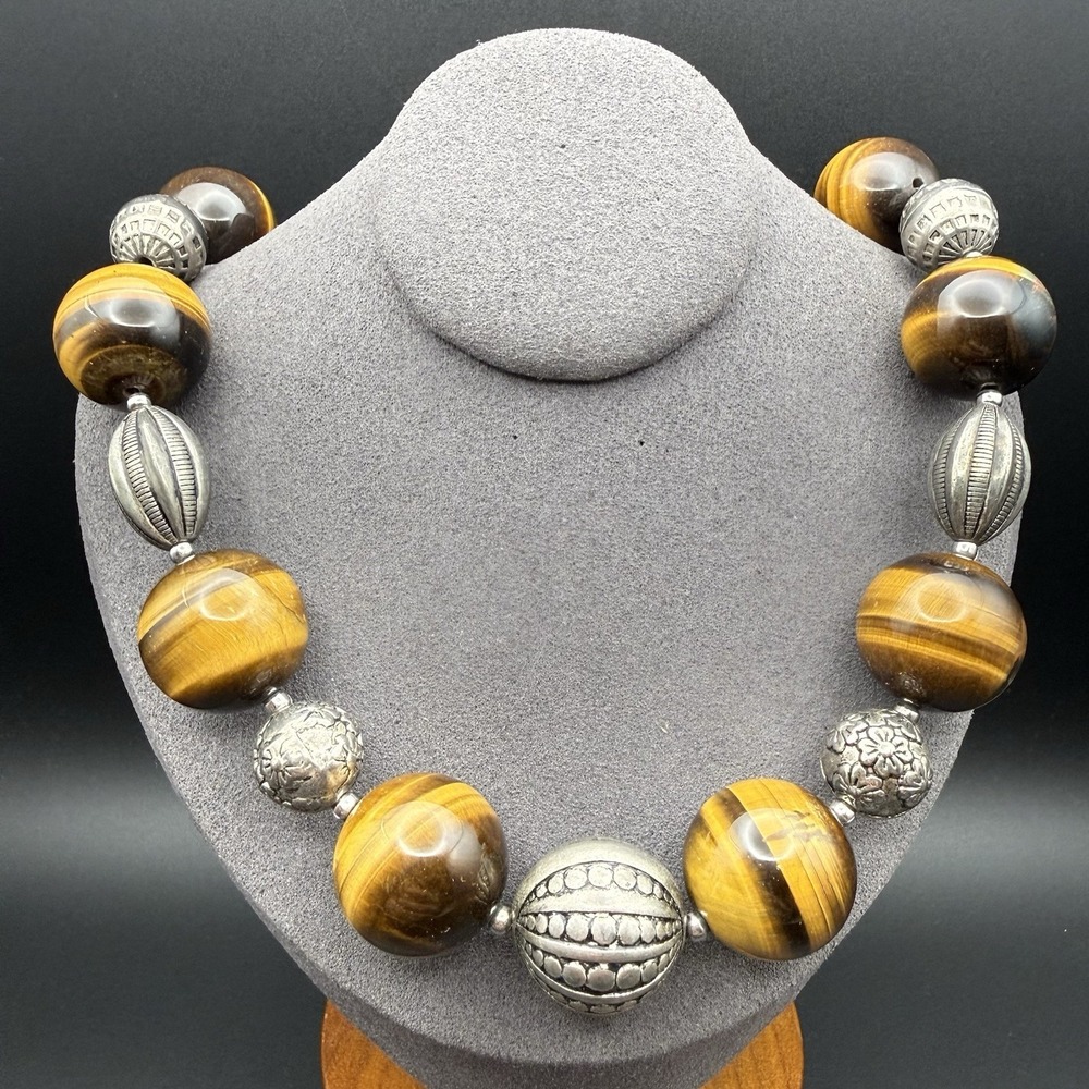 Artisan Tiger Eye Beaded Necklace Ornate Silver Tone Spacers Chunky Statement